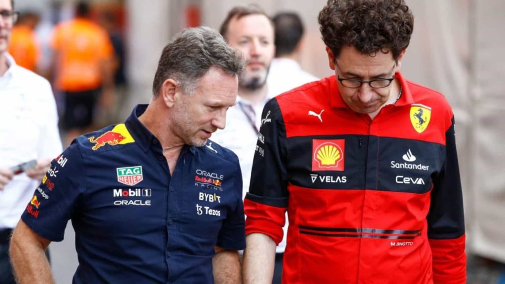 Red Bull and Ferrari team principals Christian Horner (L) and Mattia Binotto (R)