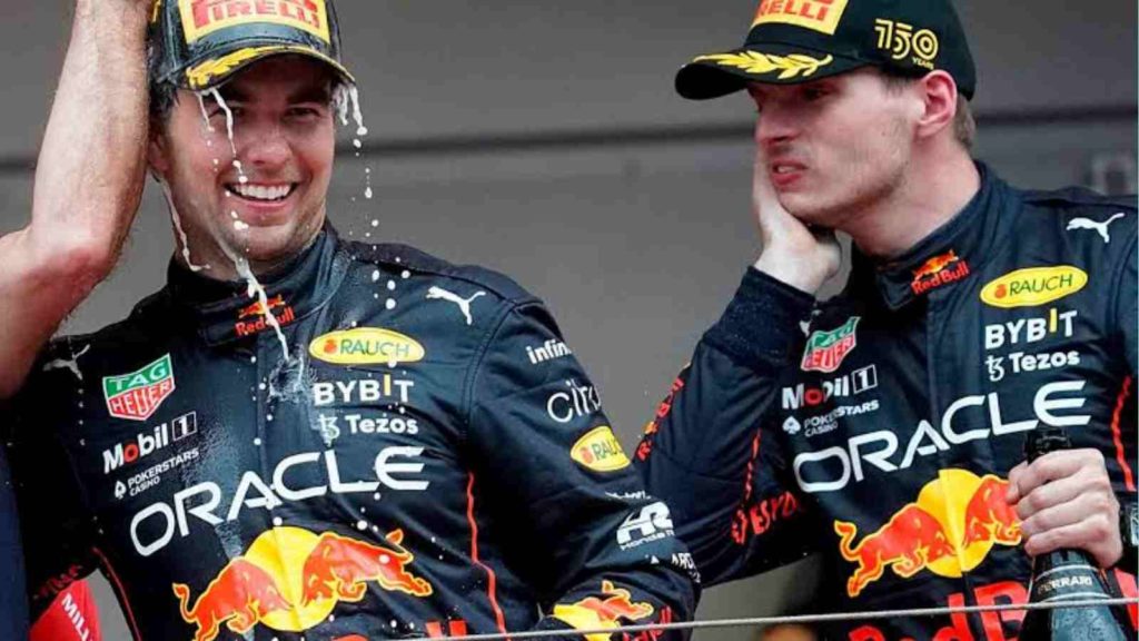 Red Bull drivers Sergio Perez(on the left) and Max Verstappen(on the right) on the podium in the Monaco Grand Prix