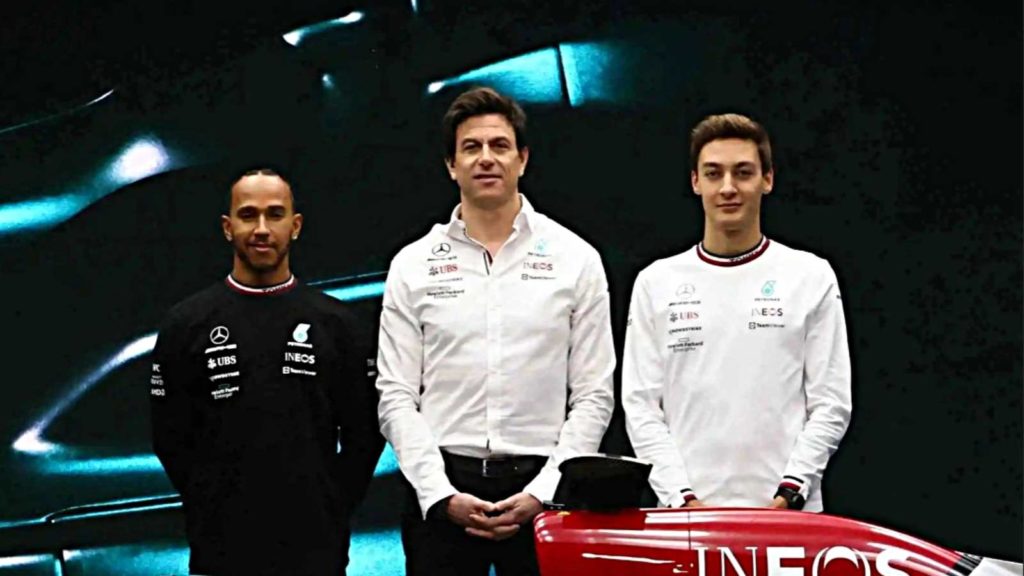 Toto Wolff with Lewis Hamilton and George Russell