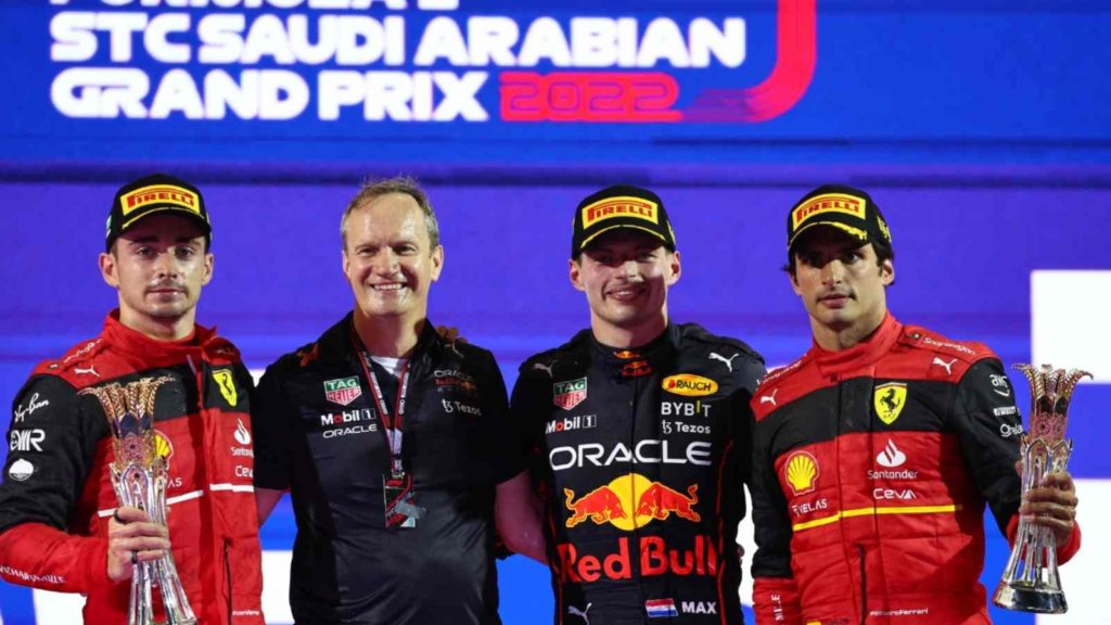 Paul Monaghan with max Verstappen, Charles Leclerc and Carlos Sainz