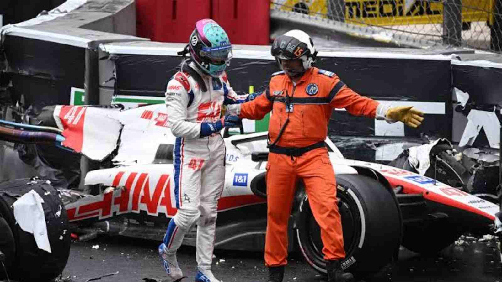 Mick Schumacher at the crash site of his VF-22 in the Monaco Grand Prix