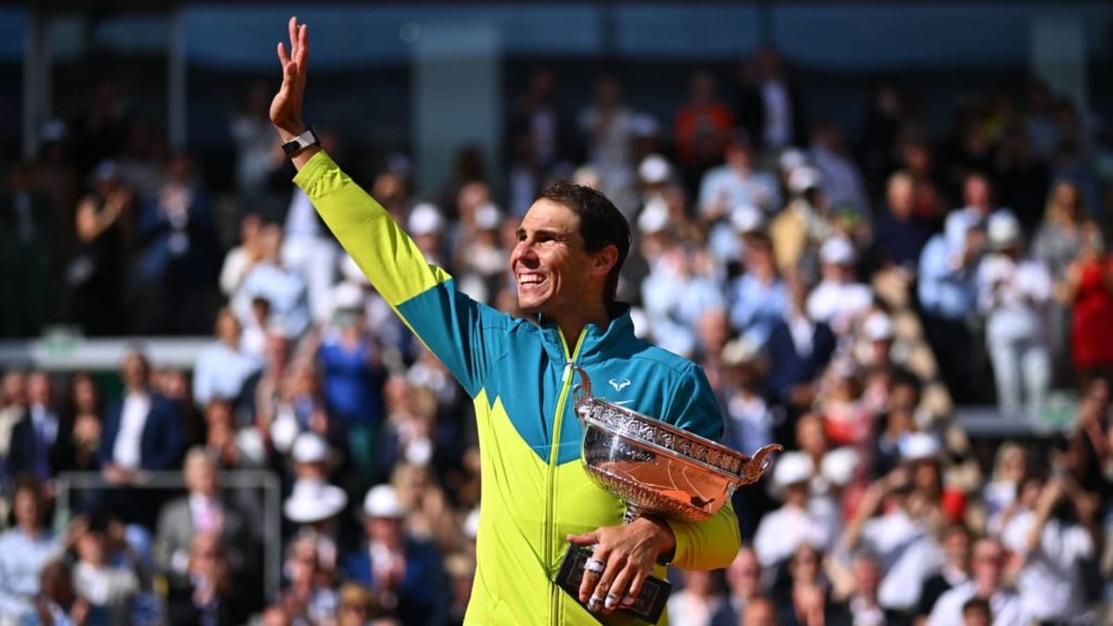 Rafael Nadal with his 2022 French Open trophy