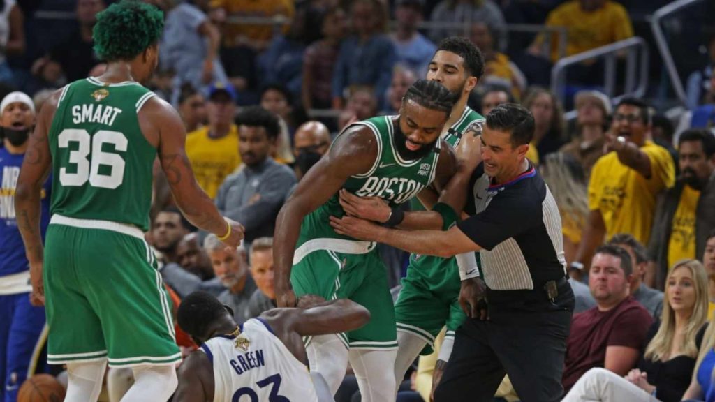 Marcus Smart, Draymond Green, Jaylen Brown and Jayson Tatum