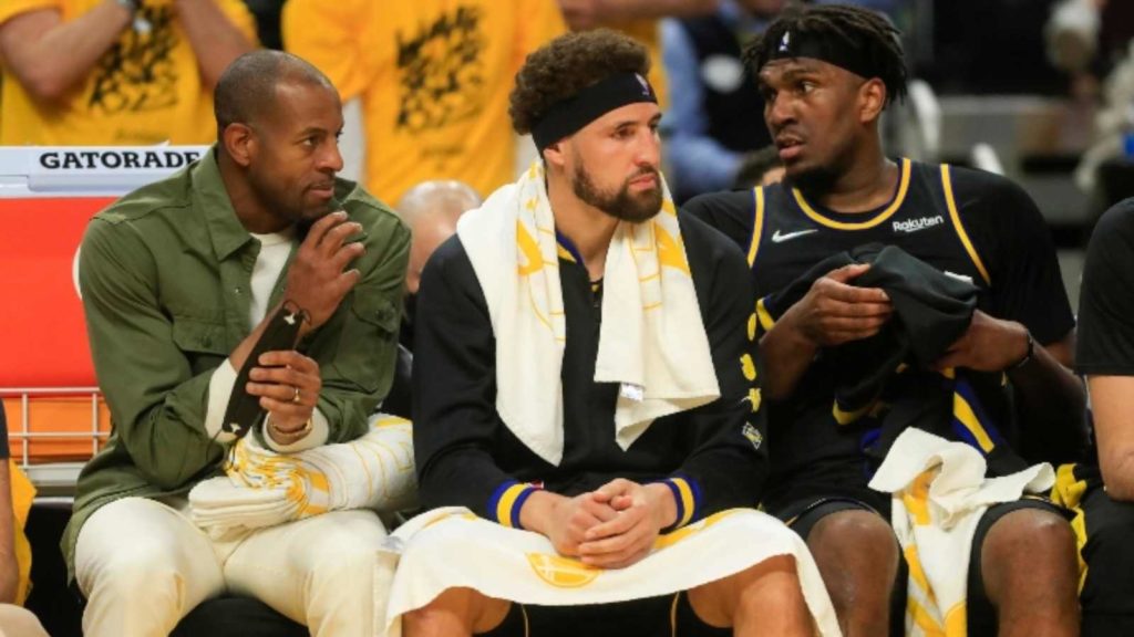 Andre Iguodala, Klay Thompson and Kevon Looney