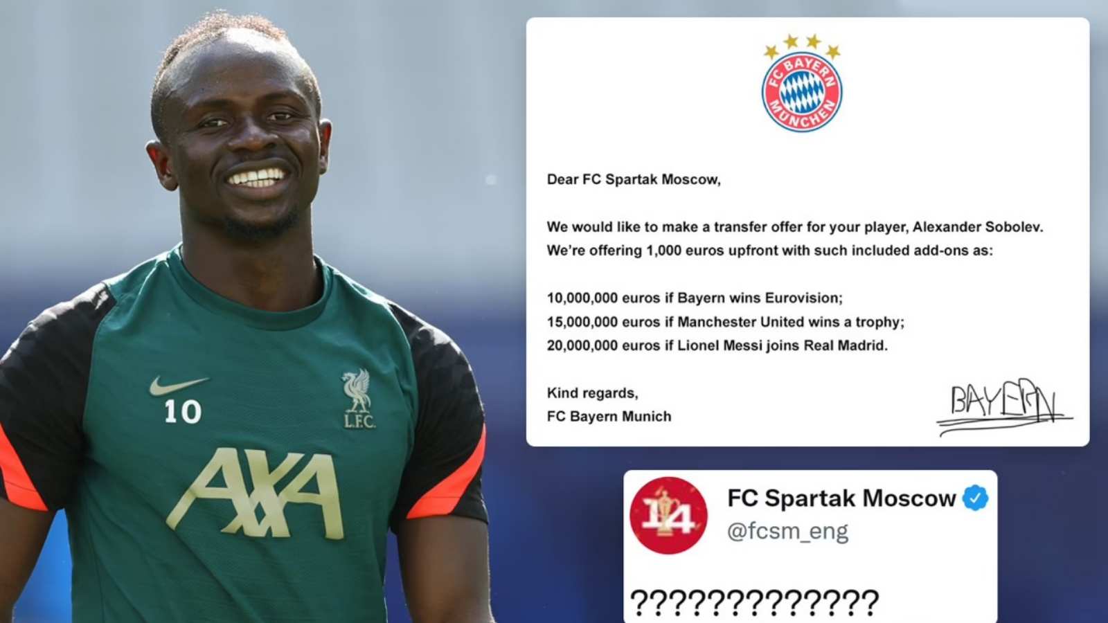 “£15m when Manchester United wins a trophy”- Troll Kings Spartak Moscow brutally troll Bayern Munich for lowball Sadio Mane transfer offer