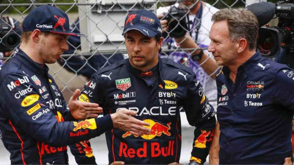 Max Verstappen(on the left), Sergio Perez(in the middle) and Christian Horner(on the right)