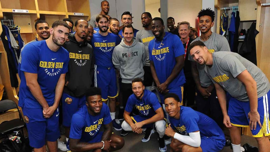 Roger Federer with the Golden State Warriors Team