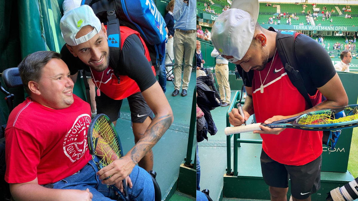 “I play for the people” Nick Kyrgios humbly gifts his smashed racquet to a disabled fan at the Halle Open