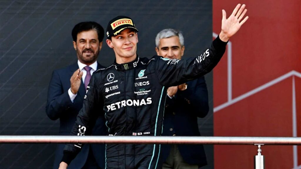 Mercedes driver George Russell on the podium at Baku