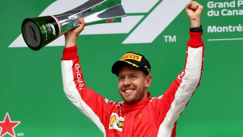 Sebastian Vettel celebrating his 2018 Canada win