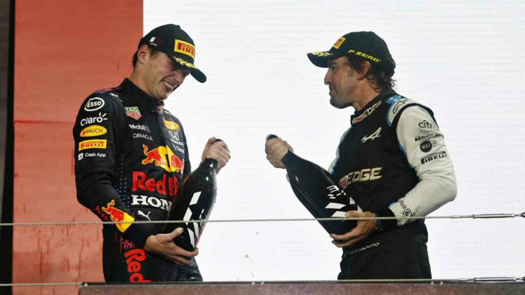 Max Verstappen and Fernando Alonso sharing the podium at Qatar 2021