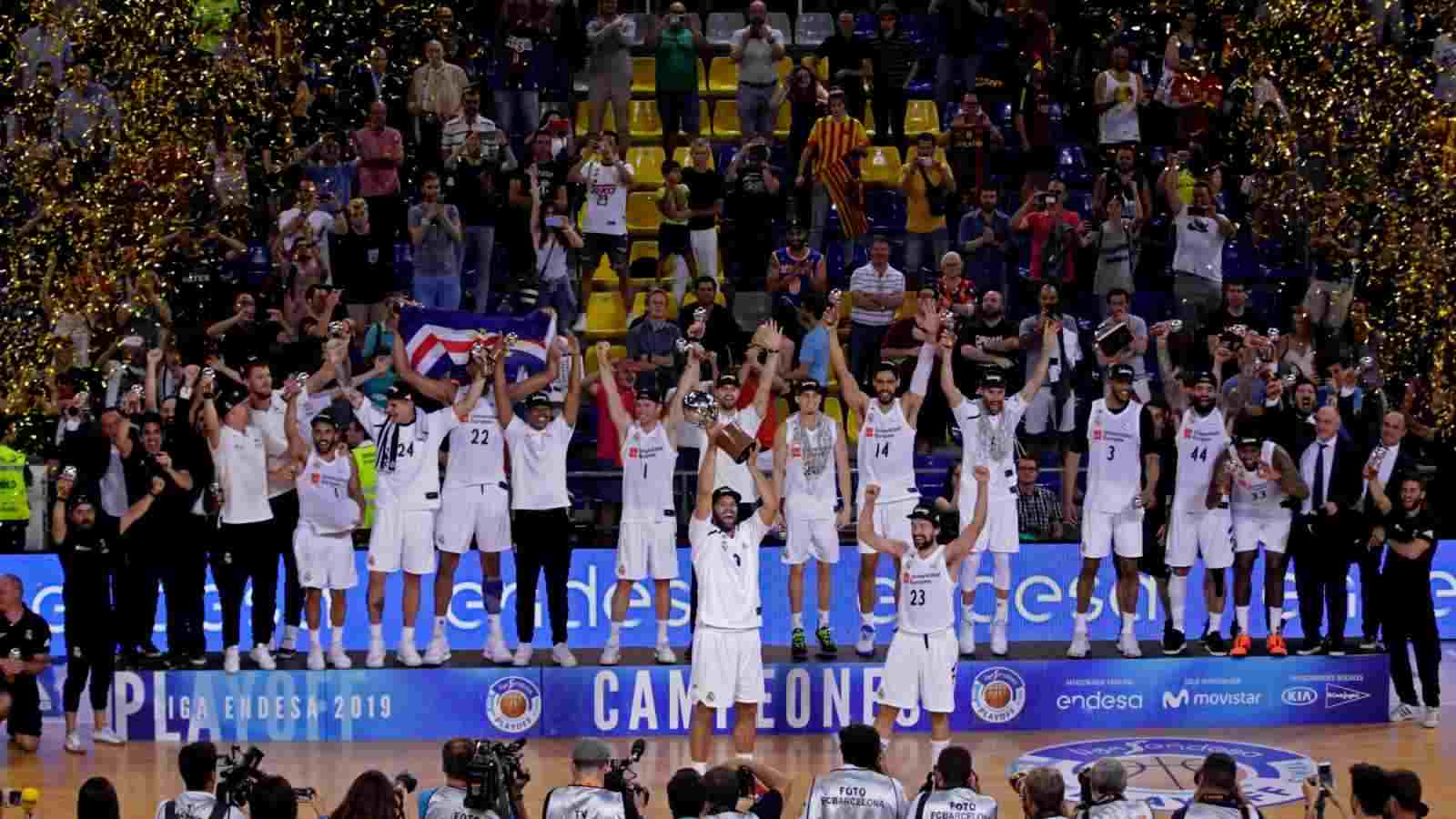 Real Madrid’s basketball team wins its 36th league title; edges past the football’s club La Liga record