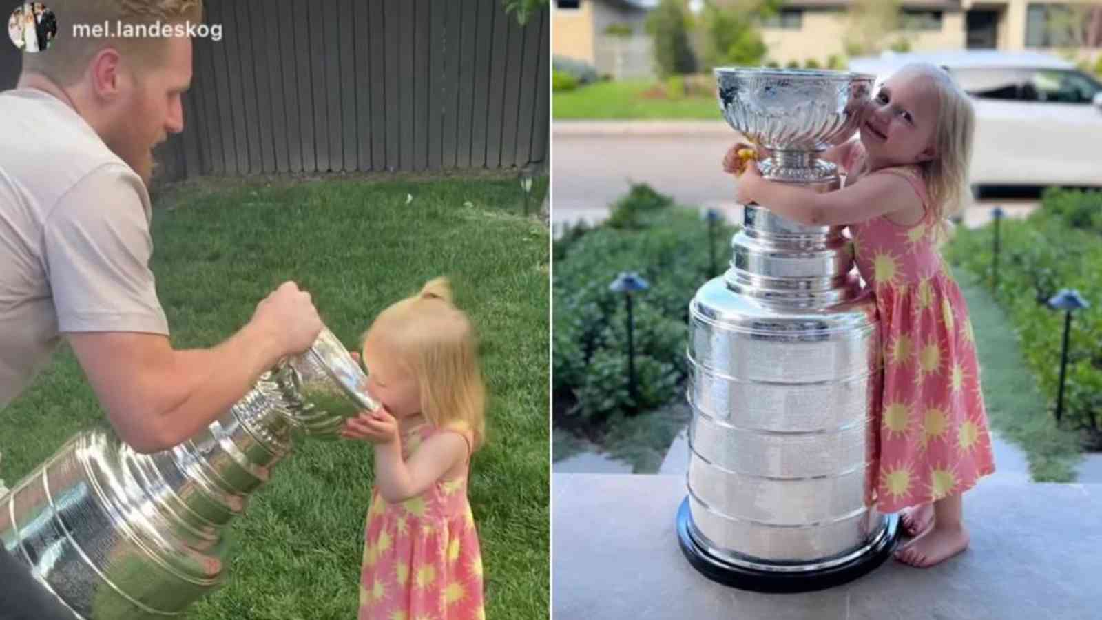 “Linnea-sized” – Avalanche captain Gabriel Landeskog’s daughter Linnea drinks from the Stanley Cup while posing for it