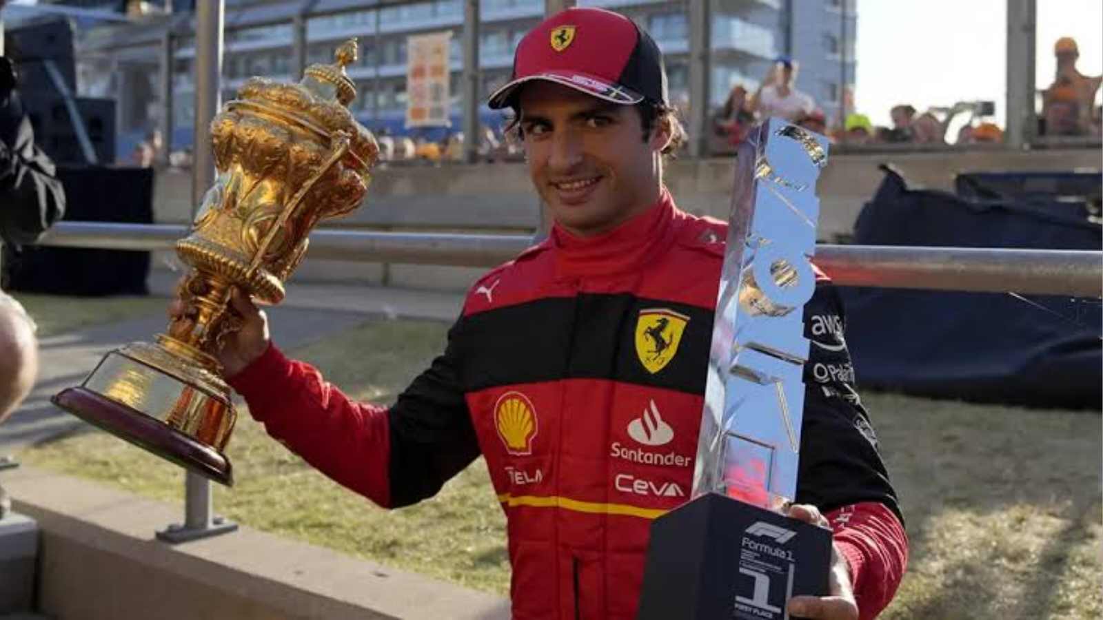 Carlos Sainz after winning his first F1 race at the Silverstone Circuit