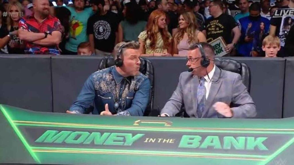 Pat McAfee and Michael Cole commentating at the MITB Live event