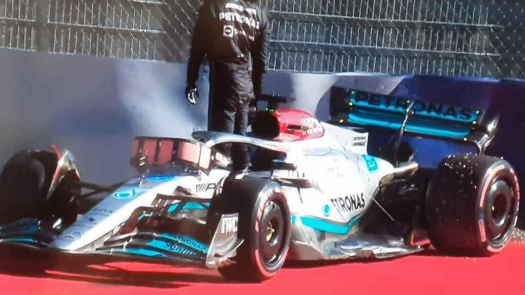 George Russell after crashing his Mercedes W13 in the barrier in Turn 10 during the Austrian GP Qualifying Race