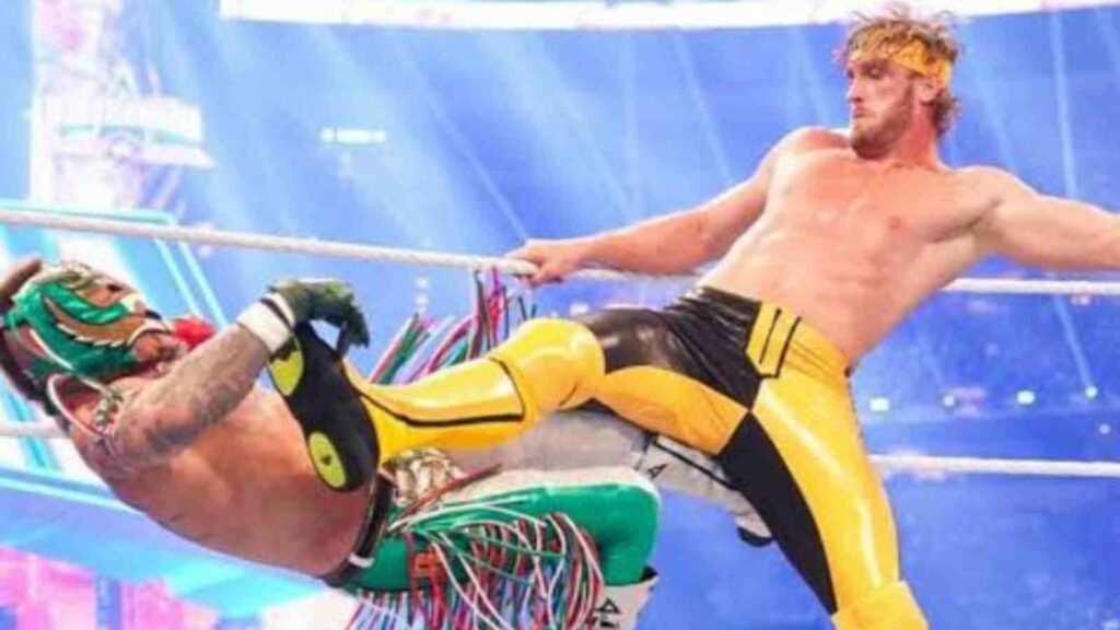 Logan Paul fighting with Rey Mysterio at WrestleMania 38