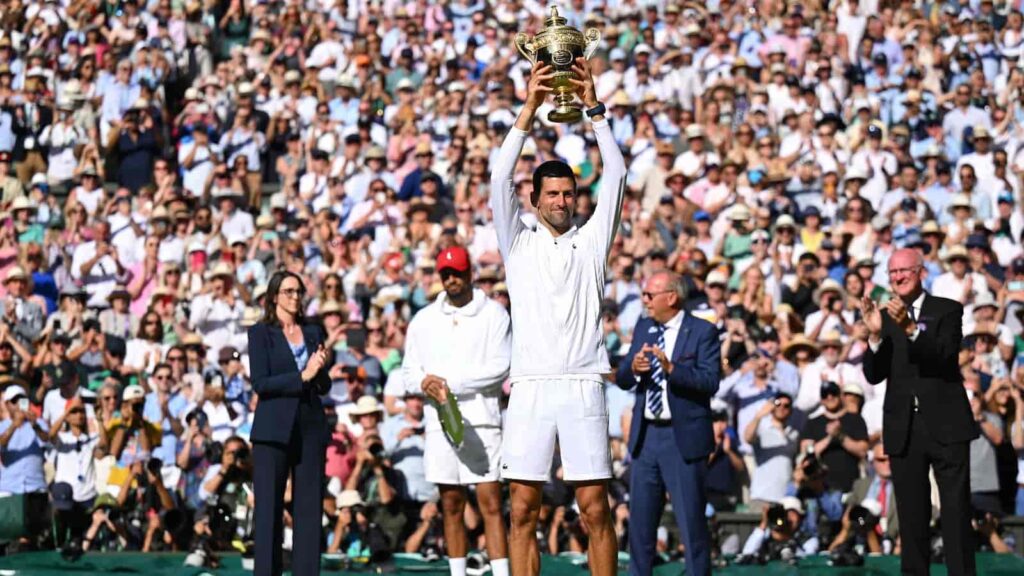 Novak Djokovic with his 2022 Wimbledon trophy