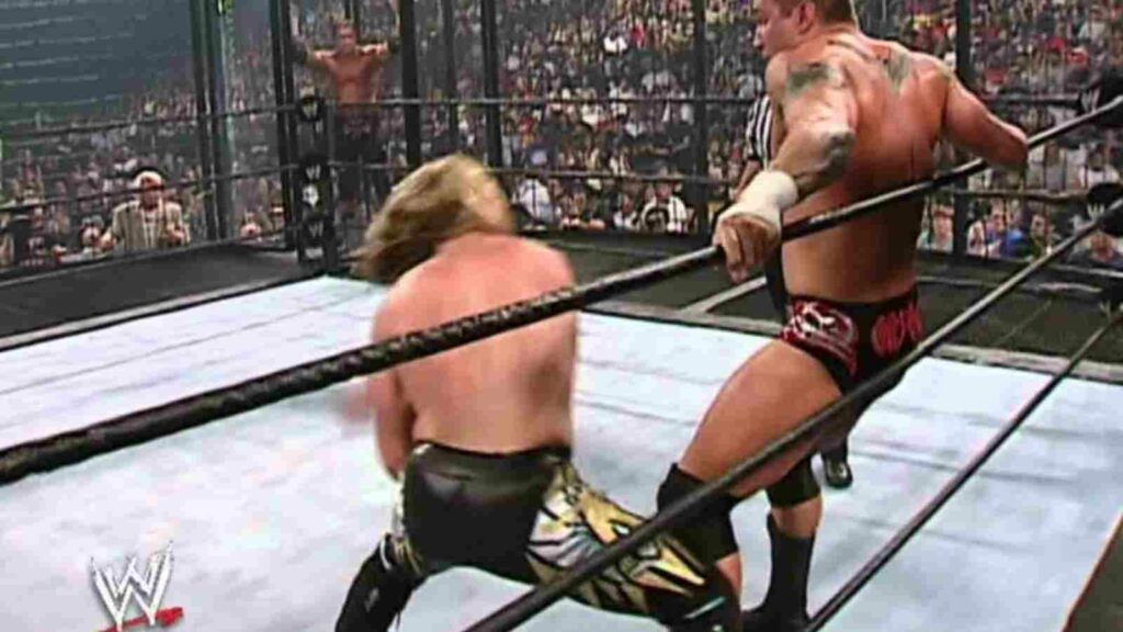 Randy Orton fighting with Chris Jericho in Elimination Chamber match at SummerSlam