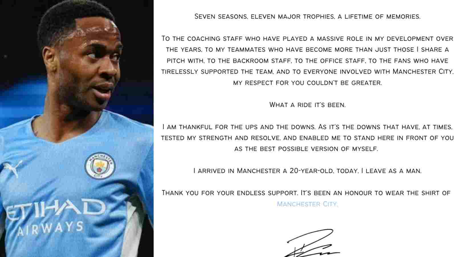 “A lifetime of memories”- Raheem Sterling pens down an emotional letter to Manchester City after moving to Chelsea