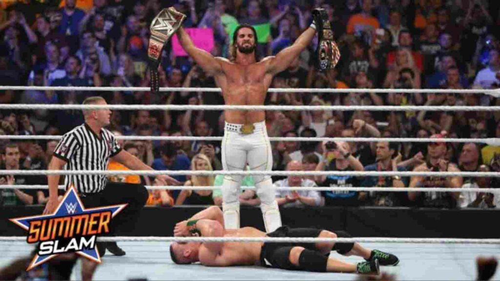 Seth Rollins becomes the first man in the history of WWE to hold the WWE World Heavyweight Championship and the United States Championship simultaneously at SummerSlam 2015.