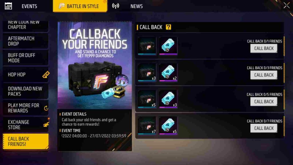 Free Fire MAX Callback Event