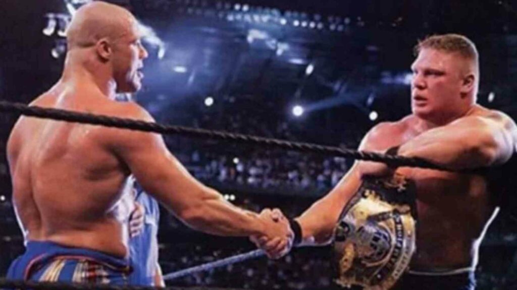 Brock Lesnar shaking hands with Kurt Angle after winning the match at WrestleMania 19