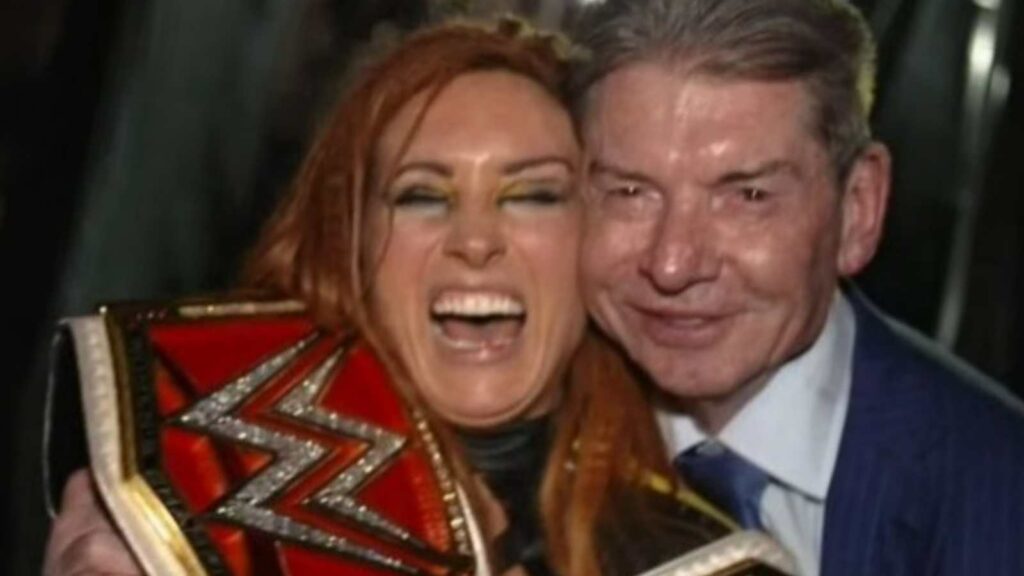 Becky Lynch with Vince McMahon after winning the undisputed Women's Championship at WrestleMania 35