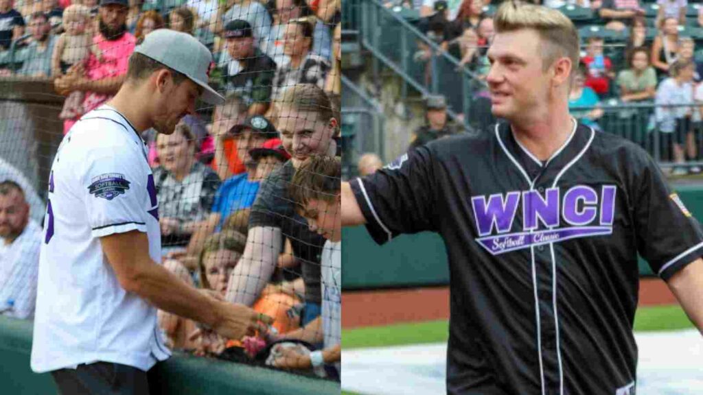 Sean Kuraly and Jack Roslovic play softball with Backstreet Boys