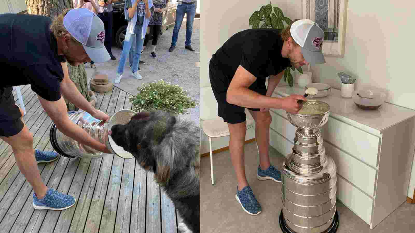 “Pup eats from Cup” – Forward Mikko Rantanen enjoys his breakfast with furry friends from Stanley Cup