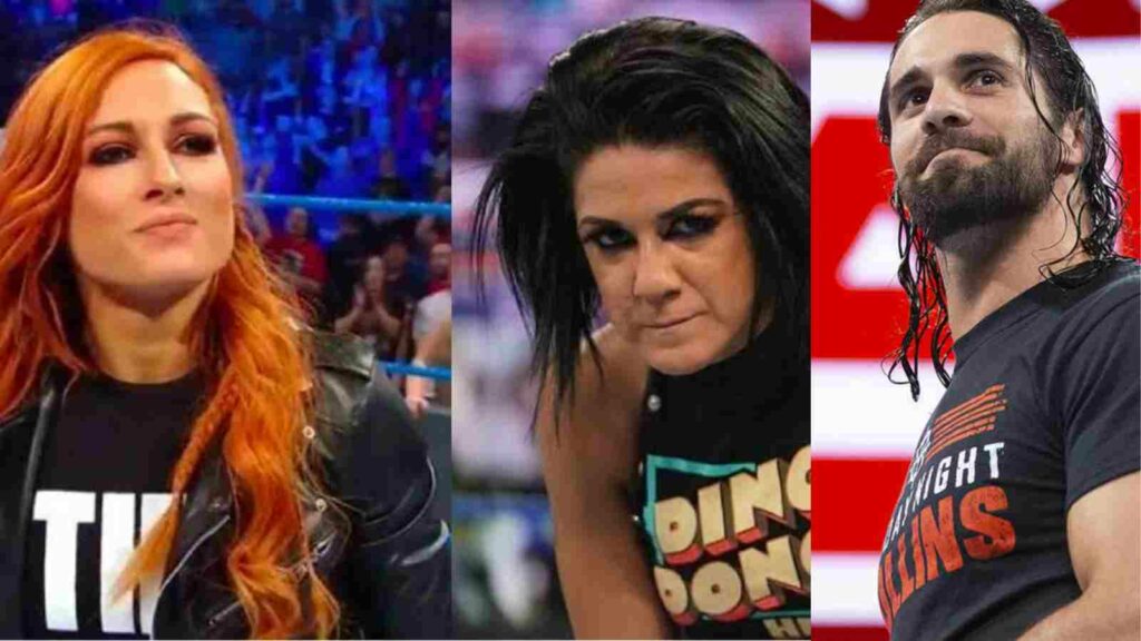 Bayley, Becky Lynch and Seth Rollins