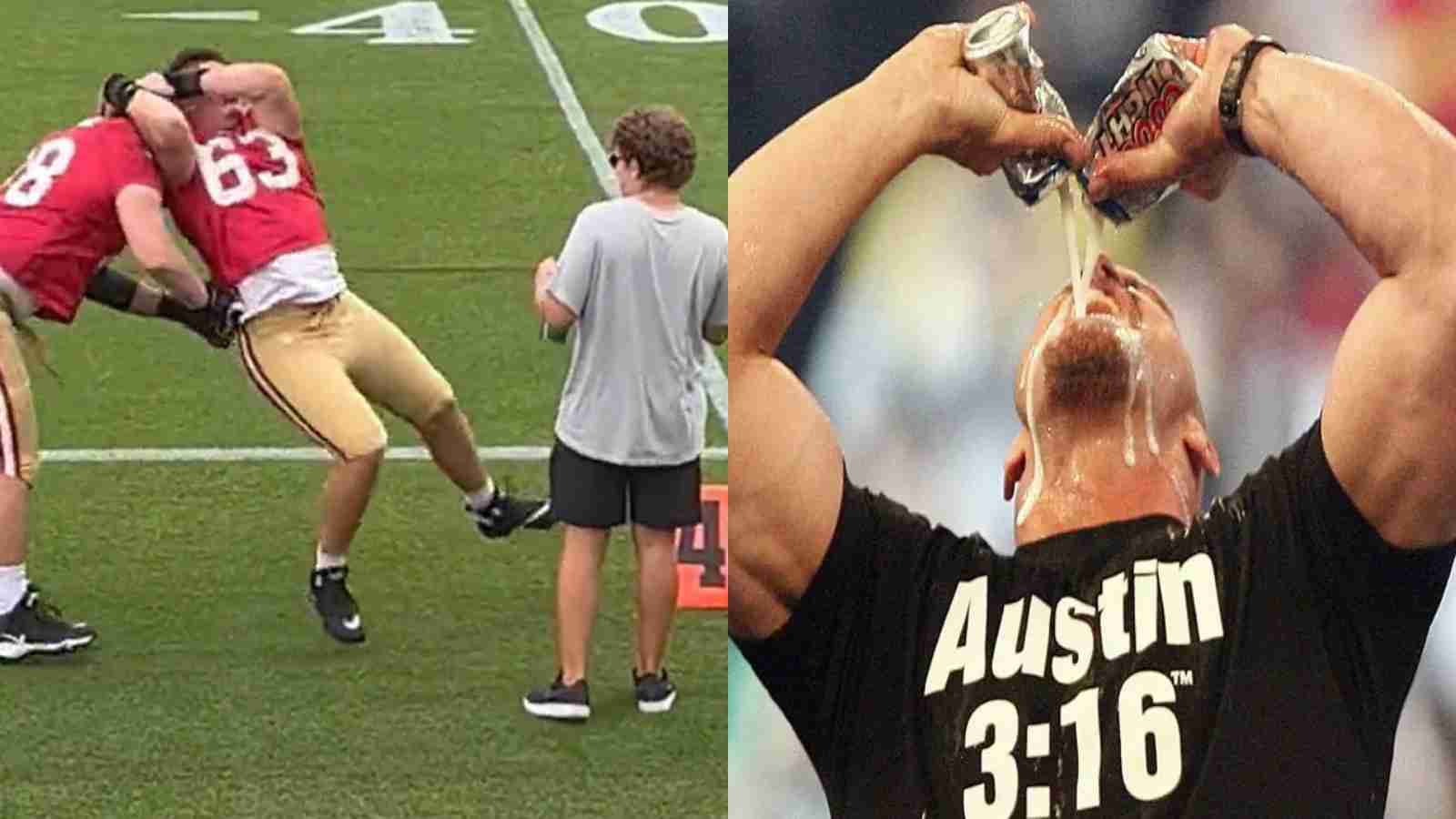 WATCH: NFL’s 49ers replicate Stone Cold’s iconic finisher on the line in a training camp, the crowd appreciates the duo