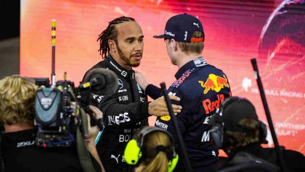 Lewis Hamilton & Max Verstappen after the race