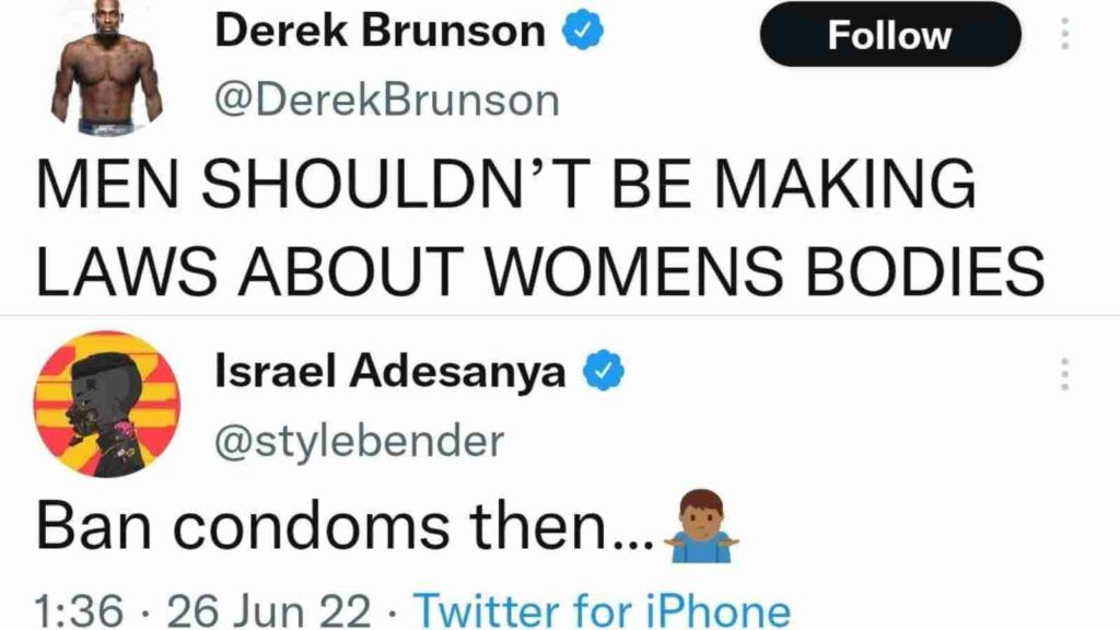 Tweets from Derek Brunson and Israel Adesanya regarding Roe vs Wade controversy 