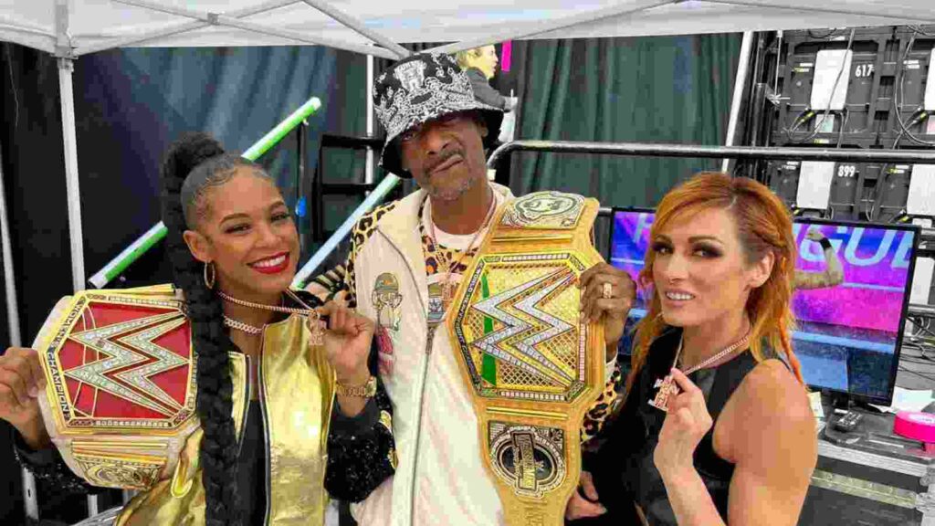 Becky Lynch and Bianca Belair with Snoop Dogg at the WrestleMania 39 launch party