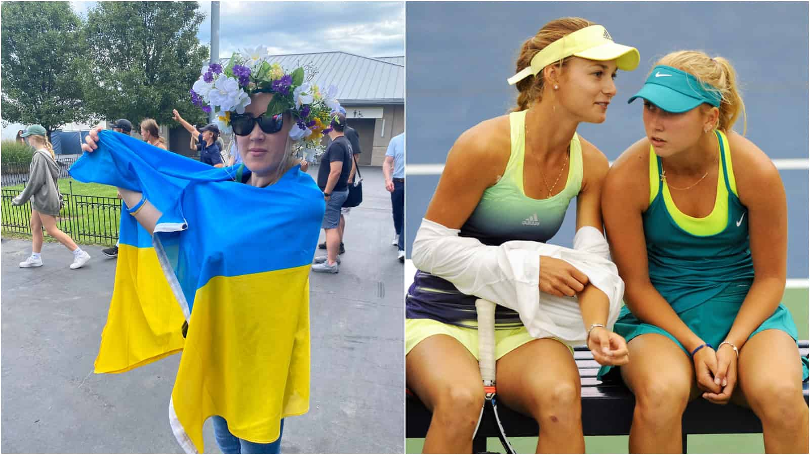 Russian players get a fan removed from the stands who was draped in Ukraine’s flag at the Cincinnati Open