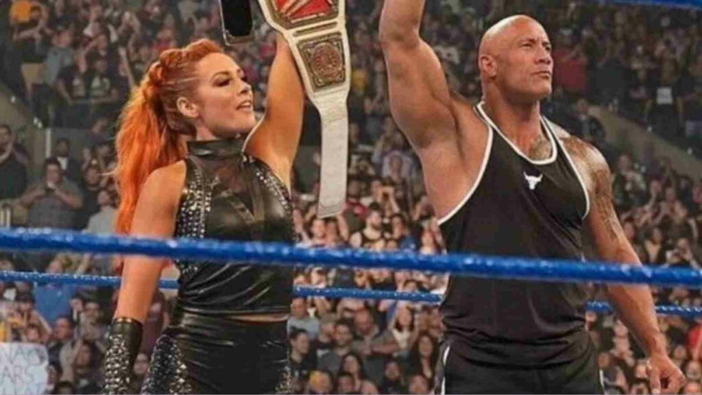 Becky Lynch with the rock on 20th anniversary episode of SmackDown in 2019