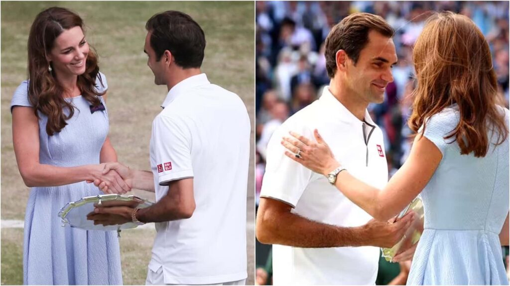 Kate Middleton and Roger Federer at the 2019 Wimbledon finals trophy ceremony