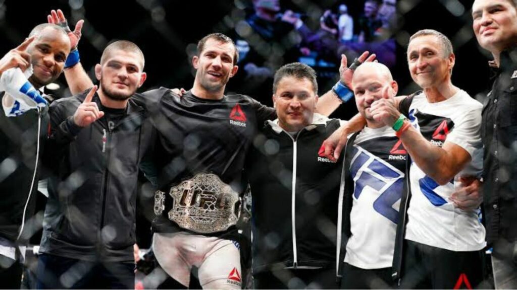 Daniel Cormier, Khabib Nurmagomedov, Luke Rockhold, coach Javier Mende and Cain Velasquez [far left]