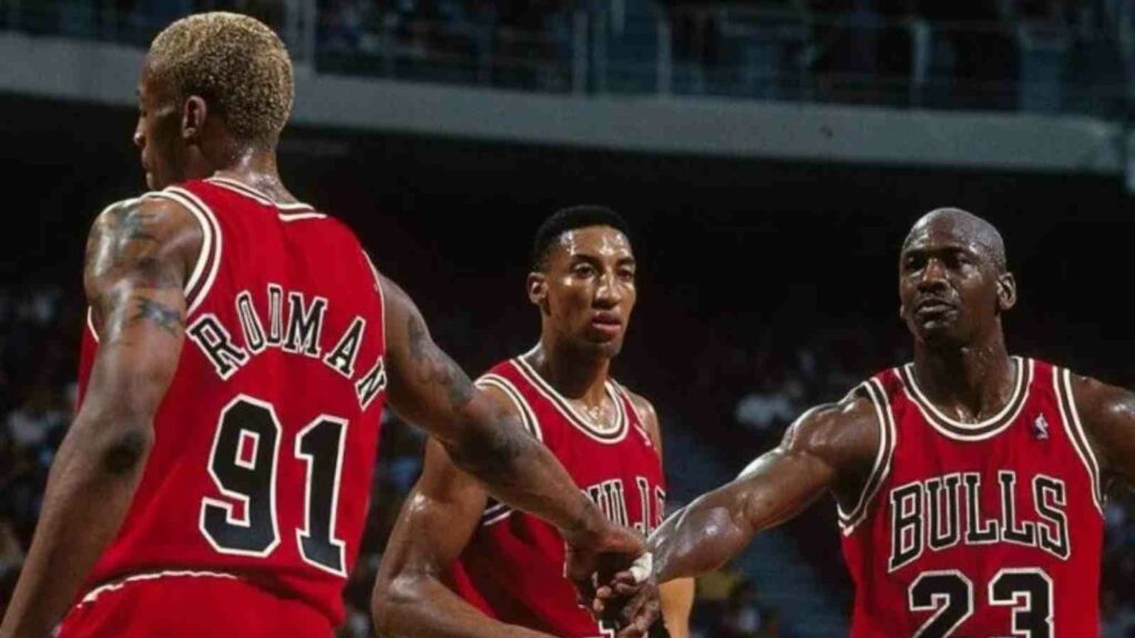 Dennis Rodman, Scottie Pippen and Michael Jordan