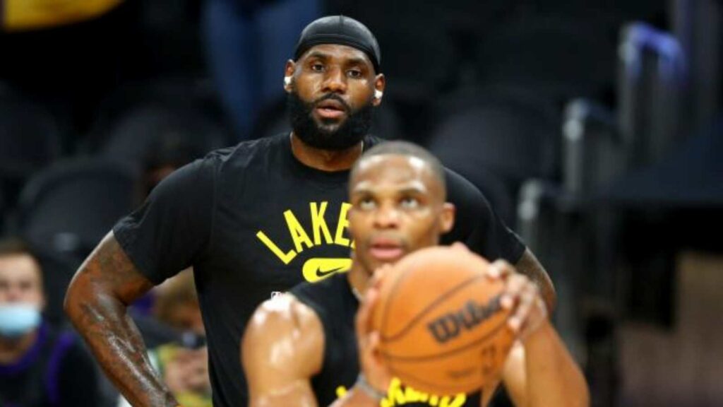 Lebron James looking at Russell Westbrook