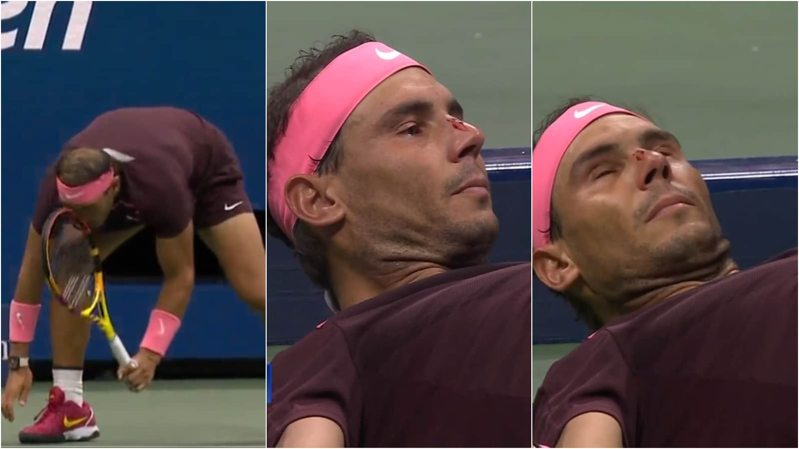 WATCH: Rafael Nadal throws his racket and crashes on the court in pain after almost breaking his nose, calls the trainer to control the blood