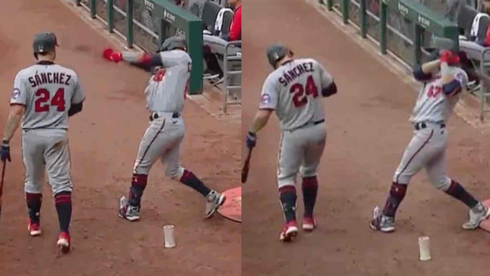 Watch: Gary Sanchez practically decapitated by swinging on-deck batter, head nearly got cracked open