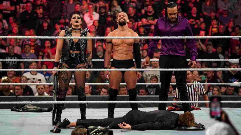 Finn Balor, Damien Priest and Rhea Ripley when they betrayed The Judgment Day.