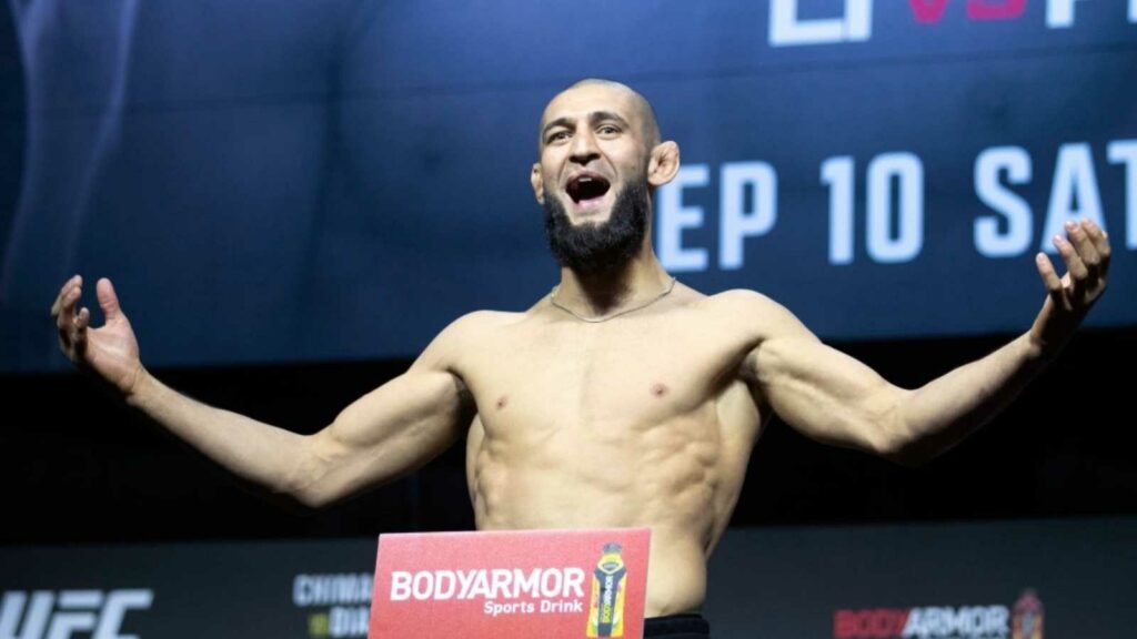 Khamzat Chimaev at the ceremonial weigh-ins for UFC 279