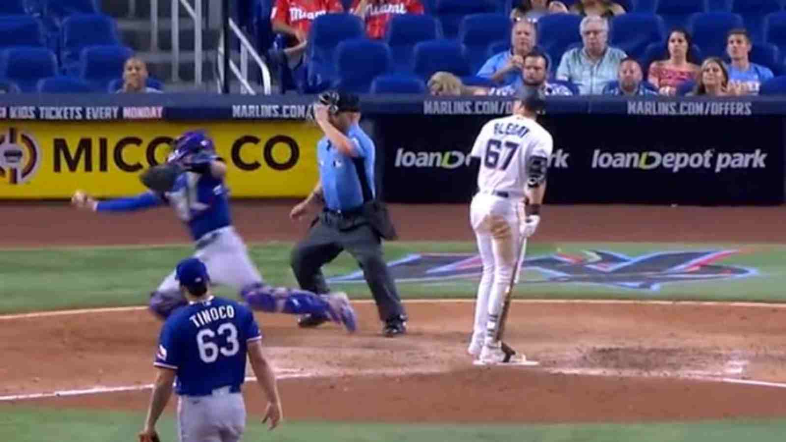 “Insane f**king concentration”- Jonah Heim displays insane head strength, catches an 86mph pitch right off his helmet