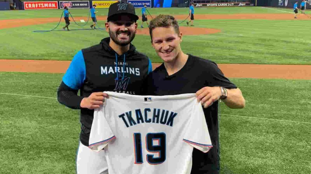 Matthew Tkachuk with Miami Marlins players