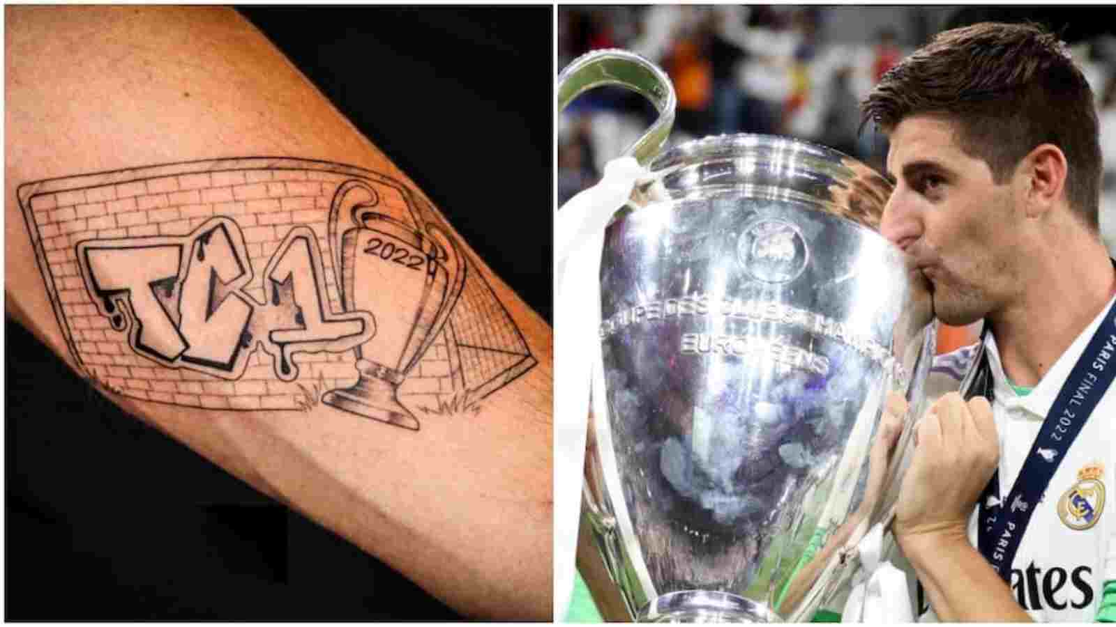 WATCH: Real Madrid’s Thibaut Courtois shows his Champions League tattoo to Atletico Madrid fans when subjected to constant abuse