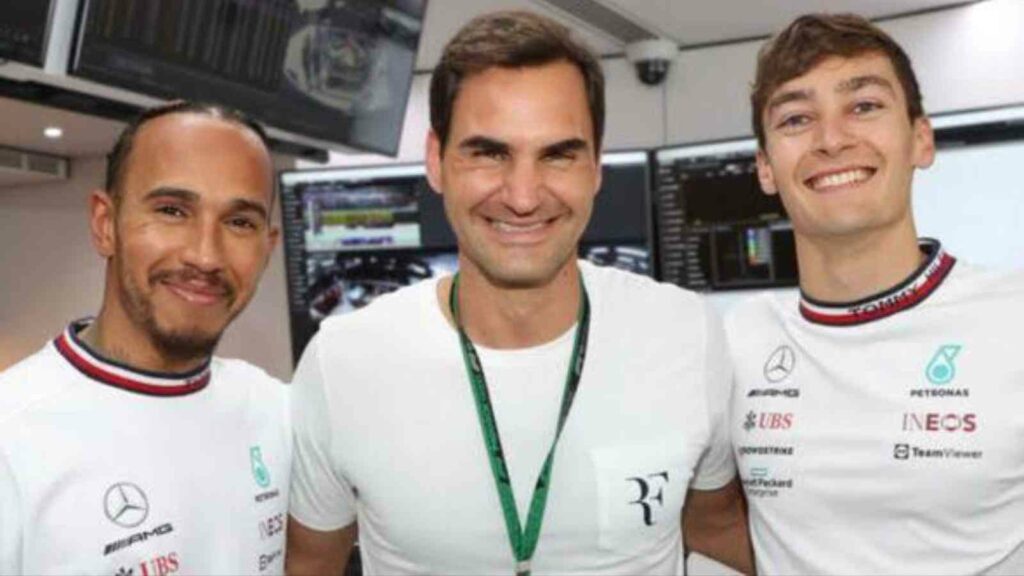 Lewis Hamilton, Roger Federer and George Russell F1