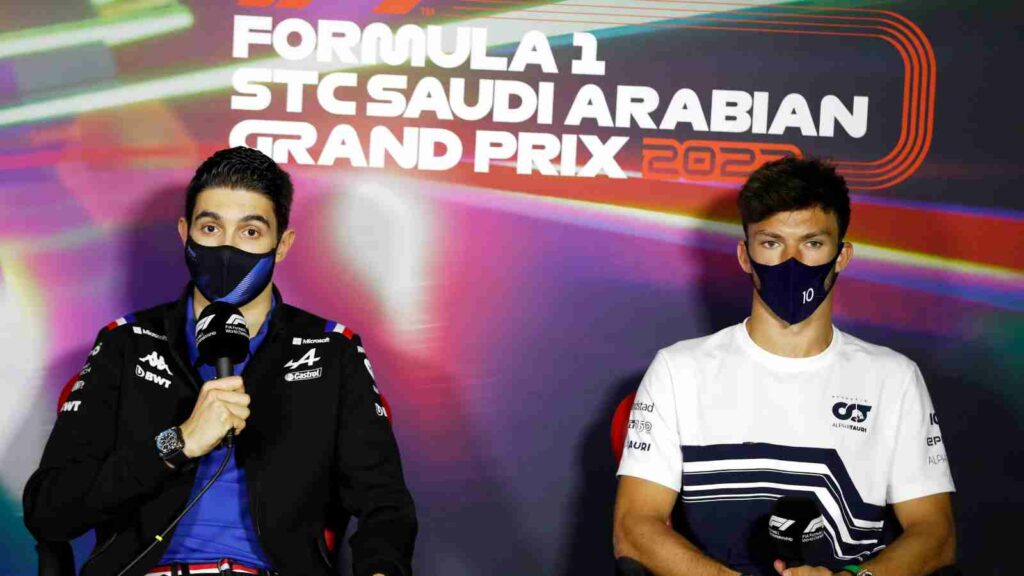 Esteban Ocon and Pierre Gasly during a press conference at the 2022 Saudi Arabian Grand Prix (Images through IMAGO / HochZwei)